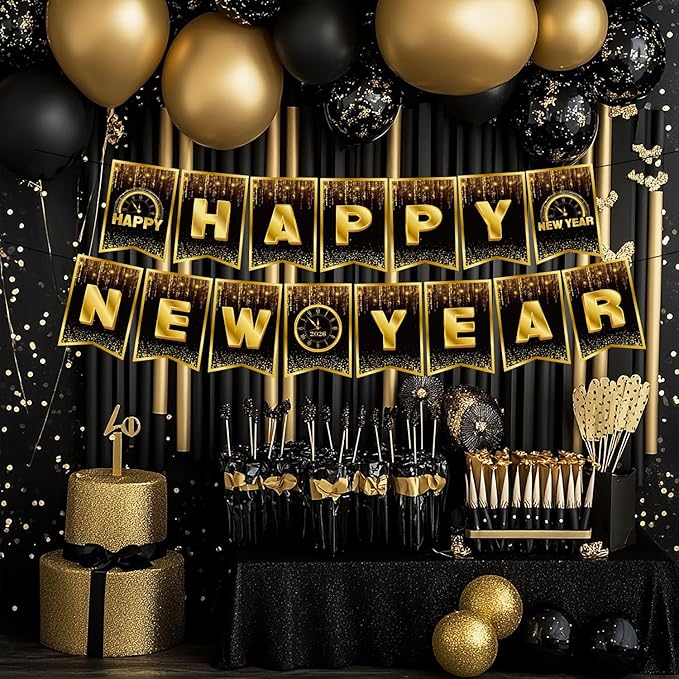 Happy New Year Decorations 2026 - Black Gold New Year Party Banner - Reusable New Years Eve Party Supplies 2026 (Style B)