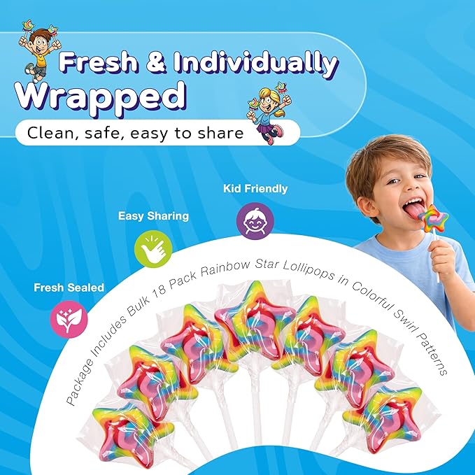 Rainbow Star Lollipops Swirl 18 PCS - Star Shaped Lollipop - Bulk Lolipop Candy Suckers Treats - Swirly Candies for Birthdays Party Favors and Goodie Bags - Easter Basket Stuffers For Kids