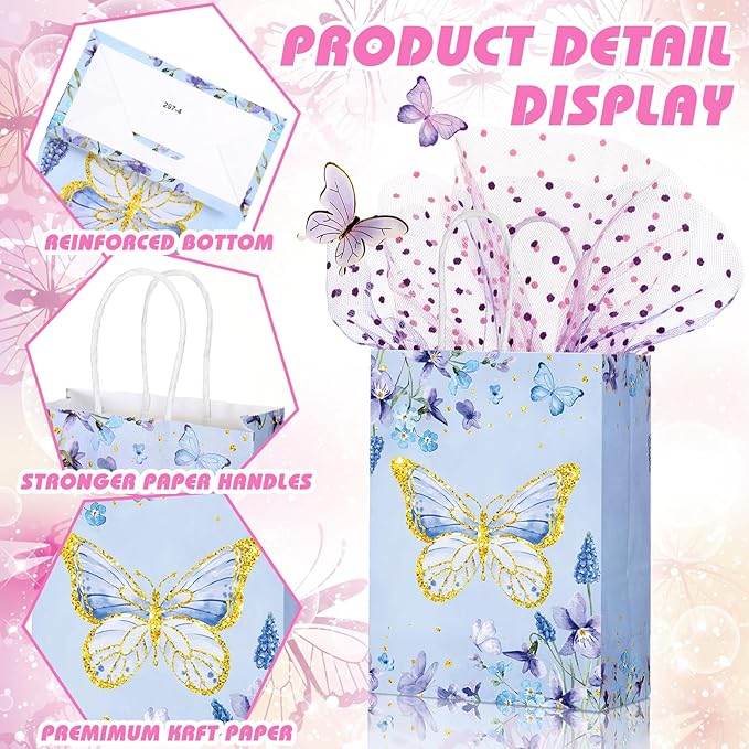 Outus 24 Pcs Spring Butterfly Party Favors Bags Butterfly Goodie Gift Paper Bags with Handles Purple Blue Pink Thank You Candy Treat Pouch for Wedding Baby Shower Birthday Party Decoration Supplies