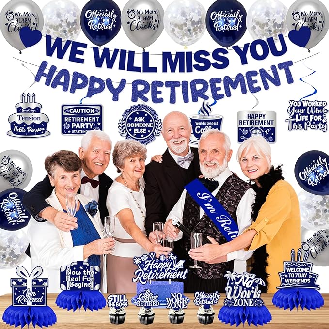 Retirement Party Decorations Men Women, Blue Silver Happy Retirement Decorations, Pre-Strung Happy Retlrement & We Will Miss You Banner, Balloons, Hanging Swirl, Cake Topper Retired Sash Honeycomb Set