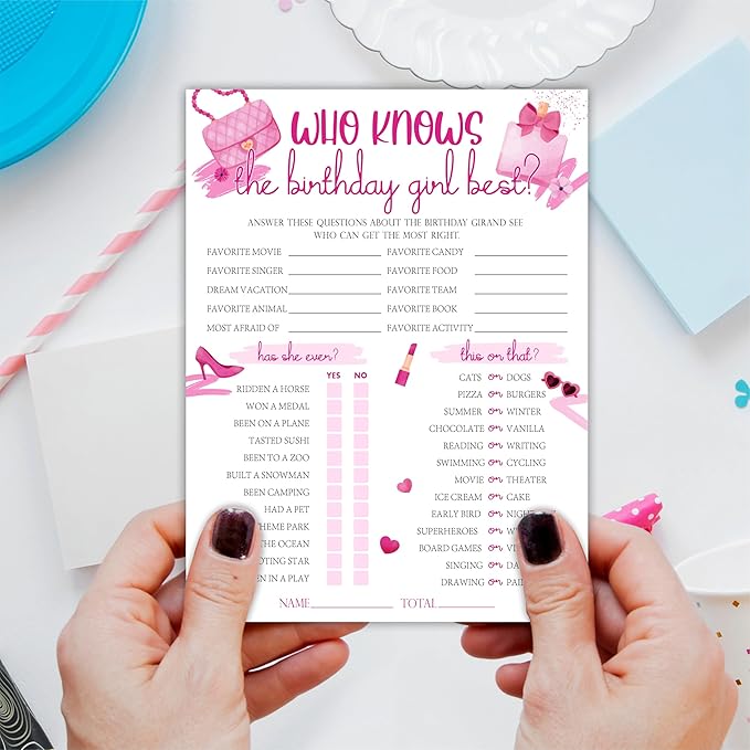 6"X8" Who Knows The Birthday Girl Best - Watercolor Girl's Accessories - Funny Double-Sided 3-in-1 Game Card Set For Girls Birthday Party, Sleepover Party Activities, Favor & Supplies (20 Pcs)- A07