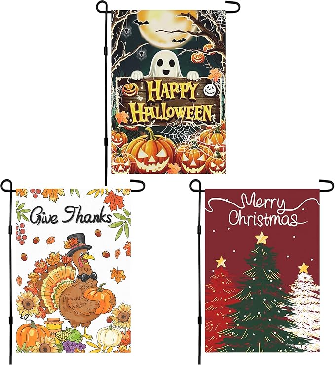 3pcs Happy Halloween Garden Flag Thanksgiving Christmas Garden Flags 12x18 Inch Double Sided Outside, Small Burlap Yard Lawn Decorations, Holiday Outdoor Decor