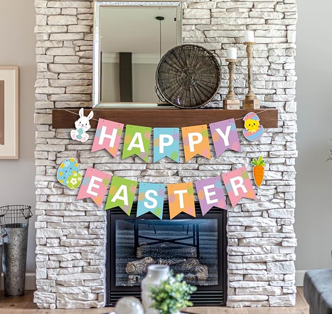 JOZON Happy Easter Banner - Multi-colored, 5.12" x 7" Flags, Easter Party Decorations with Bunny, Eggs, Chick & Carrot Signs