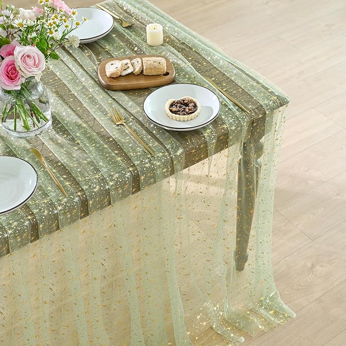 Horaldaily Sage Green Gold Sparkling Star Gauze Tablecloth 60x120 Inch Rectangular, Golden Star Sequin Glitter Metallic Foil, Sheer Tulle Cheesecloth for Wedding Baby Shower Party