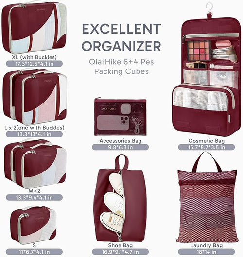 10 Set Packing Cubes for Travel, Gifts for Women Mom,Anti-Tearing Suitcase Organizer for Luggage with Shoe & Hanging Toiletry Bag,OlarHike Vacation Essentials & Accessories for Cruise Ship