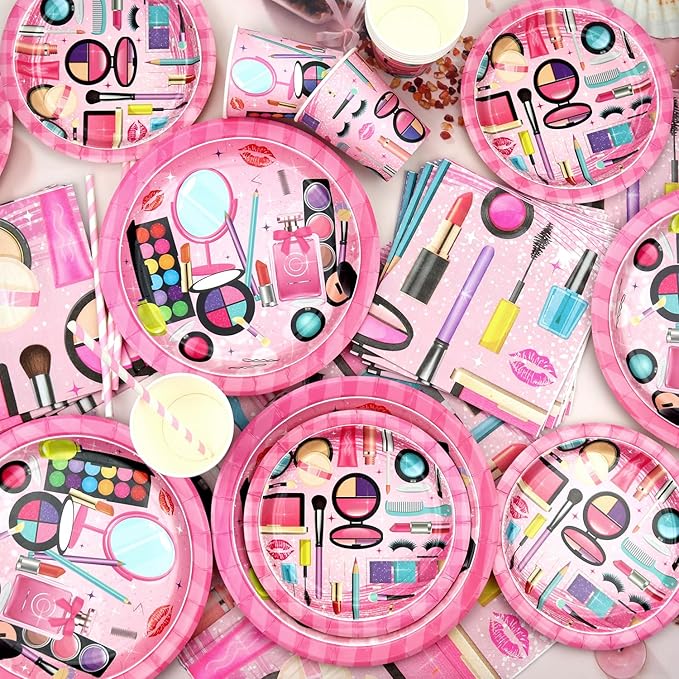 Spa Party Supplies - Makeup Theme Party Tableware - Dinner Plates Desserts Plates Cups Napkins Spa Makeup Tablecover Straws for Girls Women Slumber Pamper Spa Birthday Party Decoration, Serves 20 (20)