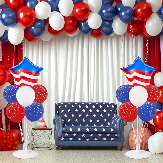 4th of July Balloons Stand Kit 2 Sets with 2 America Flag Star Foil Balloon Patriotic Red White and Blue Party Balloon Centerpiece for Tables for Memorial Day Party Independence Day Themed Decorations
