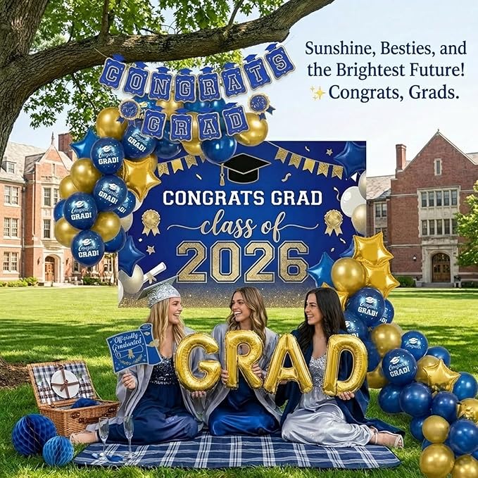 Royal blue Gold Balloons GRAD Print Balloons with Banner Table Honeycomb Centerpieces Hanging Swirl backdrop Stars Graduation Cap GRAD Letters Mylar Balloons for 2026 graduate Prom Decorations