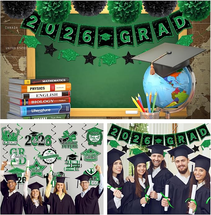 Green Graduation Decorations 2026, 2026 Grad Banner and Congrats Grad Hanging Swirls, Green and Black Graduation Banner Graduations Hanging Swirls College Graduations Party Decorations Class of 2026
