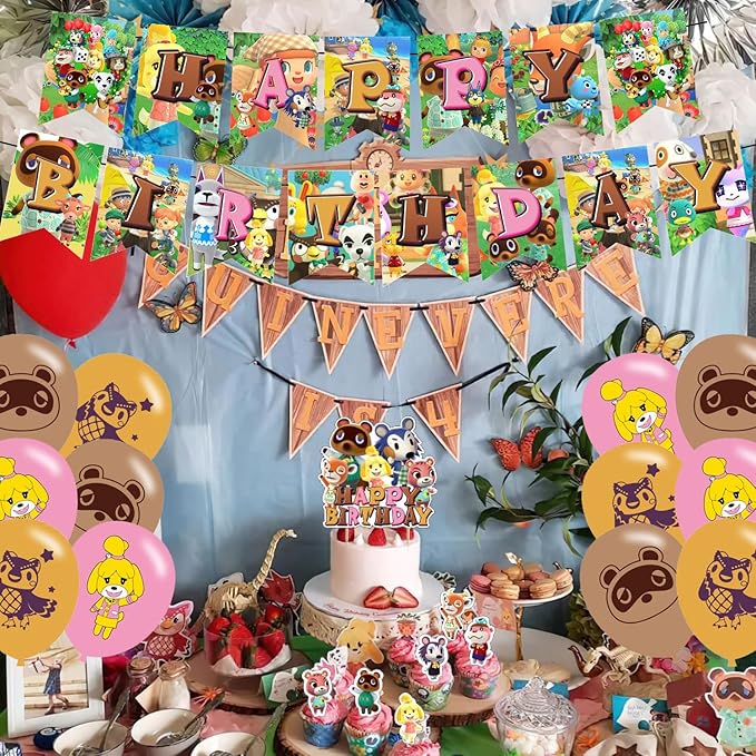 Animal Cross-ing Themed Birthday Party Supplies,Animal Game Balloons Decorations for New Horizons Party Happy Birthday Balloons, Cupcake Toppers, Cake Toppers