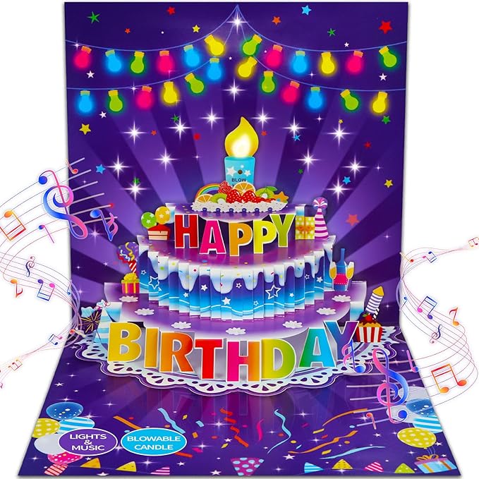 FaCraft 3D Pop Up Musical Birthday Cards for Women Men Kids - Large 7x7 Light Up Birthday Card with Music, Blowable LED Candle, 42s Vocal Song & Fiber Optic Stars with Envelope, Blank Insert, Seal
