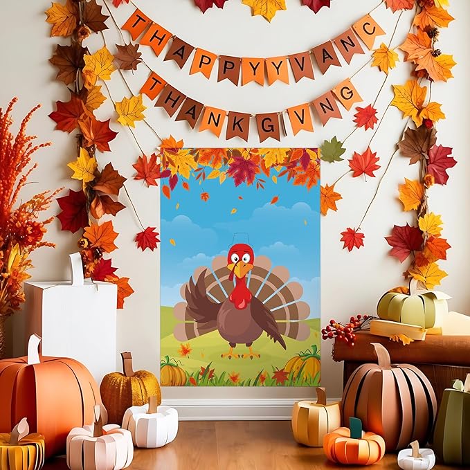 Hooqict Thanksgiving Games for Kids Party Pin The Hat on The Turkey Games Thanksgiving Activities Fall Autumn Party Decorations, Large Pin The Tail Game Poster with 36 Hat Stickers