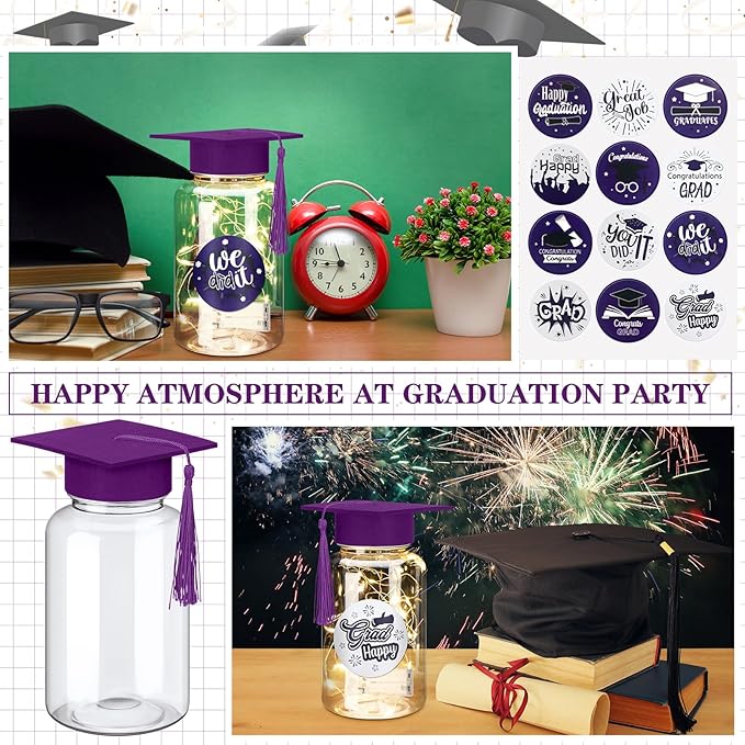 Boao 16 Sets Graduation Table Decoration Set with LED Light up Graduation Decorations for Class of 2026, Grad Jar, Felt Grad Hat and Stickers for High School College(Purple,Vivid)