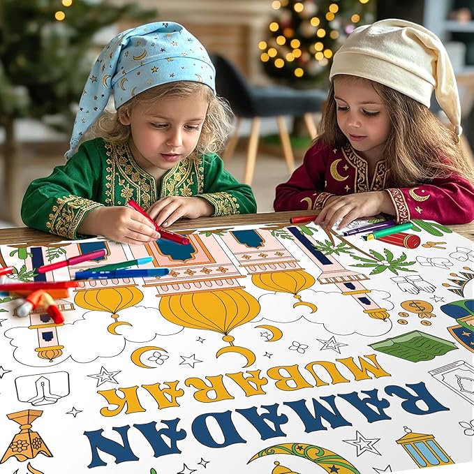 Labeol Ramadan Decorations Giant Coloring Tablecloth Banner for Kids Ramadan Kids Coloring Crafts Activities Party Table Decor