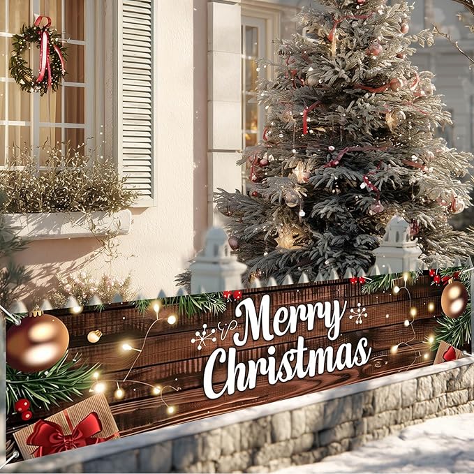 Outdoor Merry Christmas Hanging Banner 78.7x17.7 Inches Christmas House Fence Banner Decoration Holiday Party Supplies Vintage Xmas House Garaged Indoor Outside Christmas Party