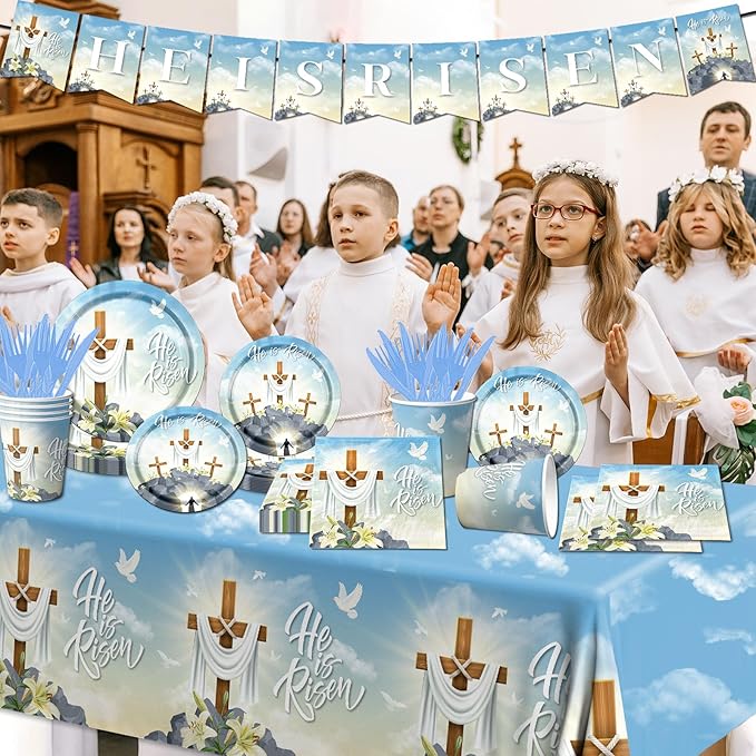 He is Risen Party Supplies, 142Pcs Easter He is Risen Decoration Tableware Set Include Easter Religious Plates and Napkins,Cups,Banner,Tablecloth for Spring Christian Party Supplies