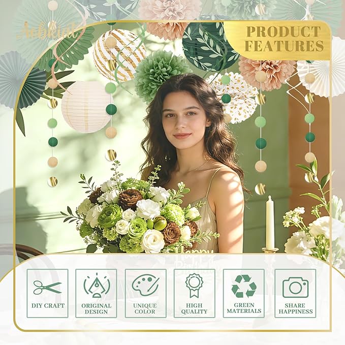AOBKIAT Sage Green Party Decorations Kit for Birthday,Paper Decor with Flower,Lantern,Party Garland,Streamers for Netural Baby Shower,Bridal Shower,Boho Wedding,Bachelorette,Woodland Theme Parties