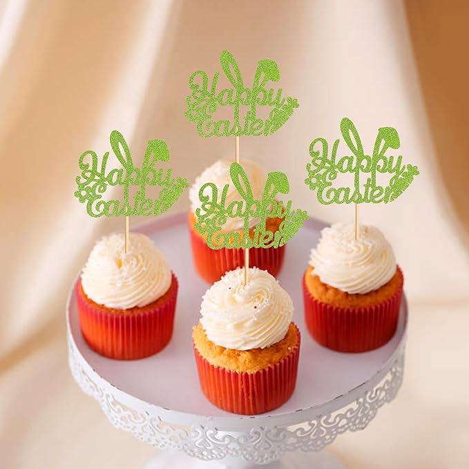 Ercadio 24Pcs Happy Easter Cupcake Toppers Glitter Green Happy Easter Bunny Ears Cupcake Picks for Easter Day Theme Baby Shower Easter Birthday Party Cupcake Decorations
