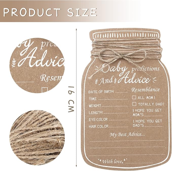 Lincia 50 Pcs Baby Shower Prediction and Advice Card Brown Mason Jar Prediction Wishes Card for New Parents to Be Baby Shower Game for Girl or Boy Gender Reveal Neutral Decor Activity Mom Dad Keepsake