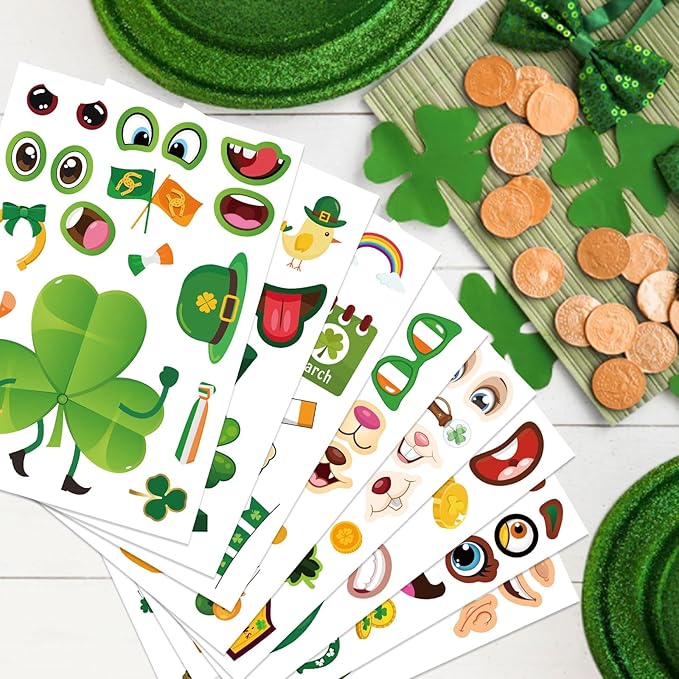 24 Sheets St. Patrick's Day Stickers, Make a Face Sticker for Kids Make Your Own Lucky Shamrock Irish Stickers St. Patricks Day Craft Party Favor Decorations