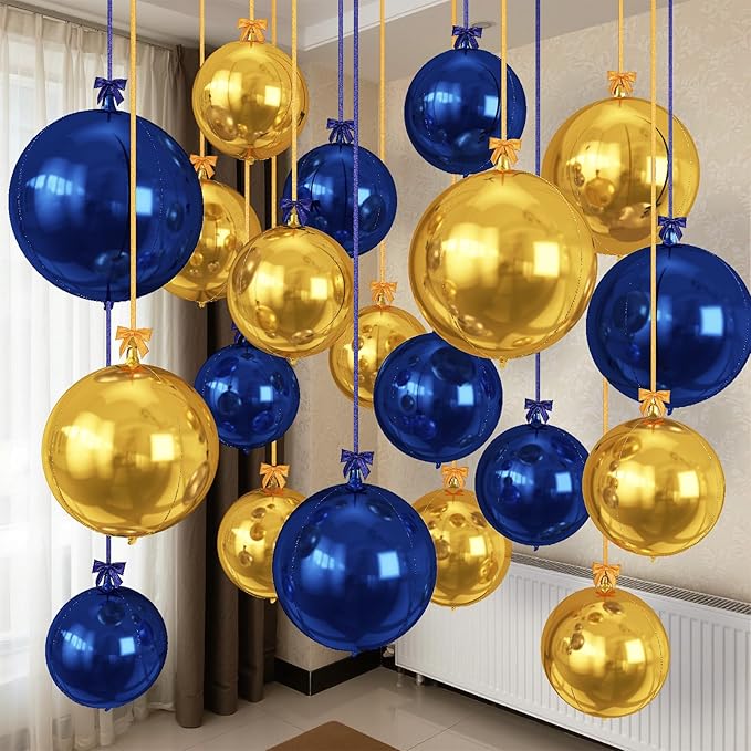 Togvu Navy Gold Round Foil Balloons, 16PCS Different Sizes 4D Metallic Balloon Large Sphere Mirror Ball Balloons for Prom Graduation New Year Men Birthday Party Ceiling Decorations Supplies