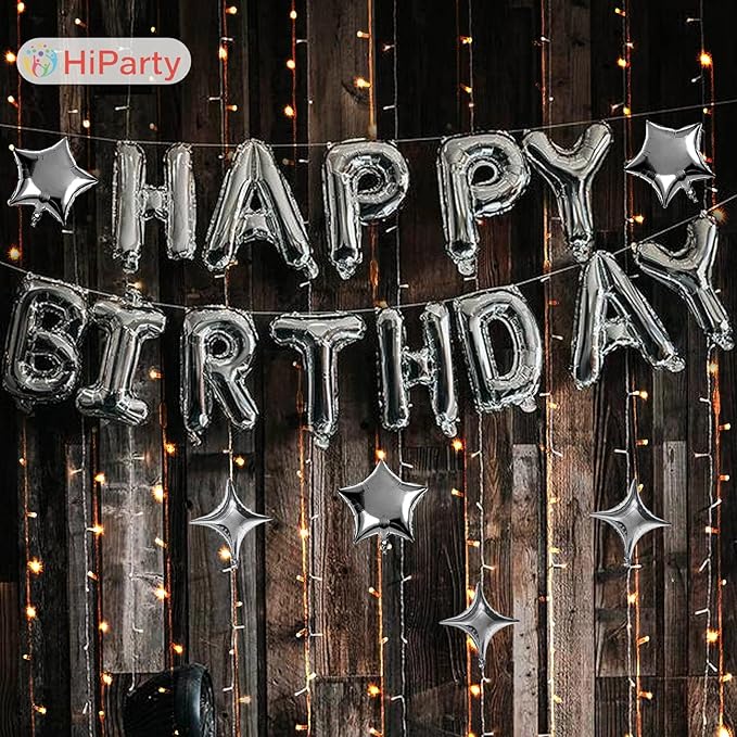 Silver Happy Birthday Balloon Banner, 16 Inch Mylar Foil Letter Birthday Balloons with 6pcs Star Balloons, Birthday Party Decorations for Kids Boys Men Adults Birthday Party Supplies