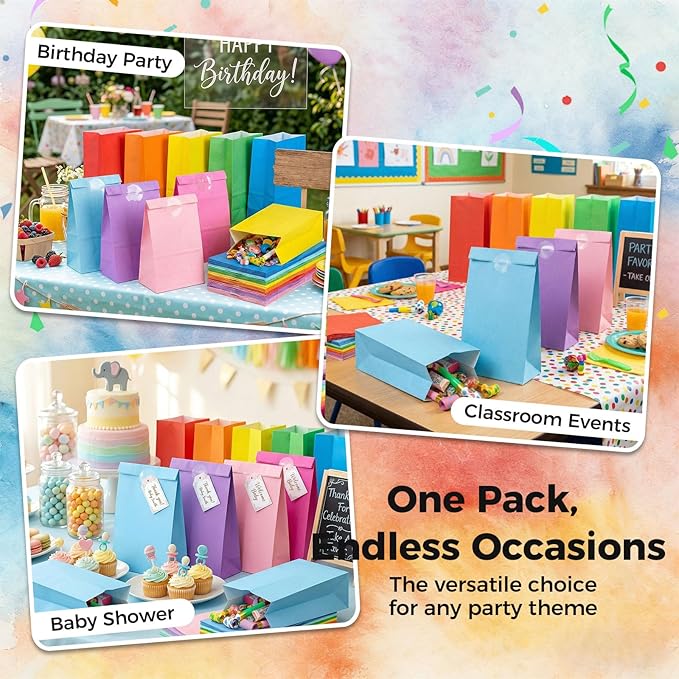 VGOODALL 24PCS Colored Paper Bags, Party Favor Treat Bags with Stickers Goodie 9 Colors for Wedding Birthday Baby Shower 8.7”x 4.7”x 3”
