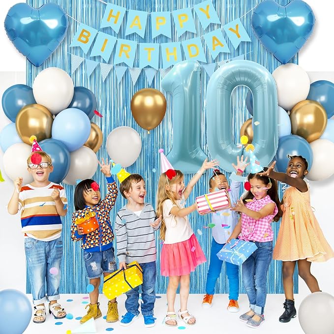 10th Birthday Decorations Blue White Gold,10th Birthday Balloons with Happy Birthday Banner Fringe Curtain Heart Foil Balloons for Boys Girls 10 Year Old Birthday Decor