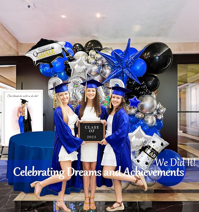 Black royal blue and Silver Balloon Garland Arch Kit 130+ Pieces with royal blue and Silver Stars, Graduation Certificate Graduation Cap GRAD Letters Mylar Balloons for 2025 Graduation Prom Decoration
