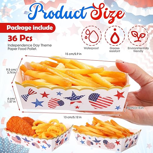 36 Pack Patriotic Plates Paper Food Trays Patriotic Food Boats Disposable American Flag Nacho Snack Taco Hot Dog Holder Serving Trays for Labor Day Veteran Day Party Decor Supplies(Star)