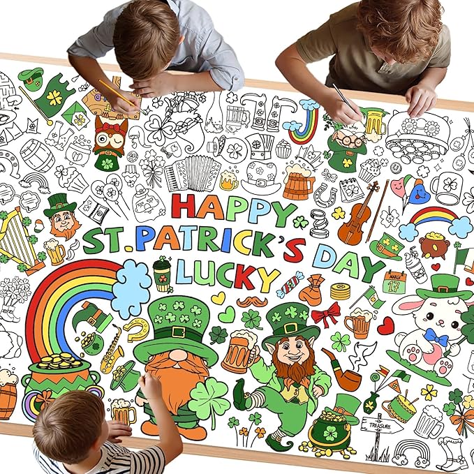 St. Patrick's Day Coloring Poster, 32 x 71 Inch Versatile Paper Coloring Tablecloth, St Pattys Day Crafts, Party Decorations