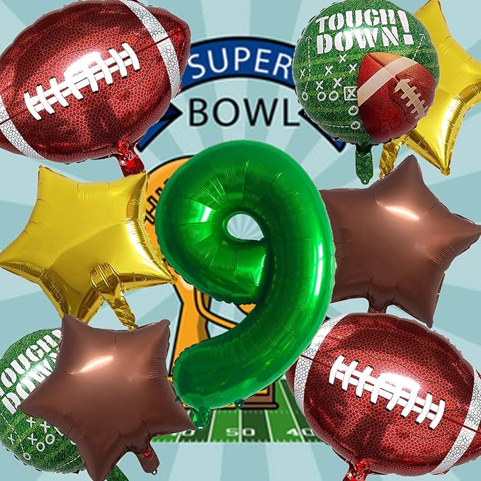 Football Balloons Foil Football Birthday Decorations Balloons Green Number 9 Balloon Gold Brown Star Touchdown Ballons for Rugby Birthday Decorations Sports Ballons Arch Kits Party Balloon Sets 9pcs