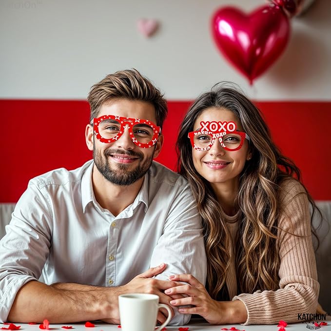 KatchOn, Red Heart Glasses - Pack of 12 | Valentines Glasses for Valentines Day Decorations | Valentines Photo Props for Valentines Decor | 6 Designs Heart Shaped Glasses | Galentines Day Decorations
