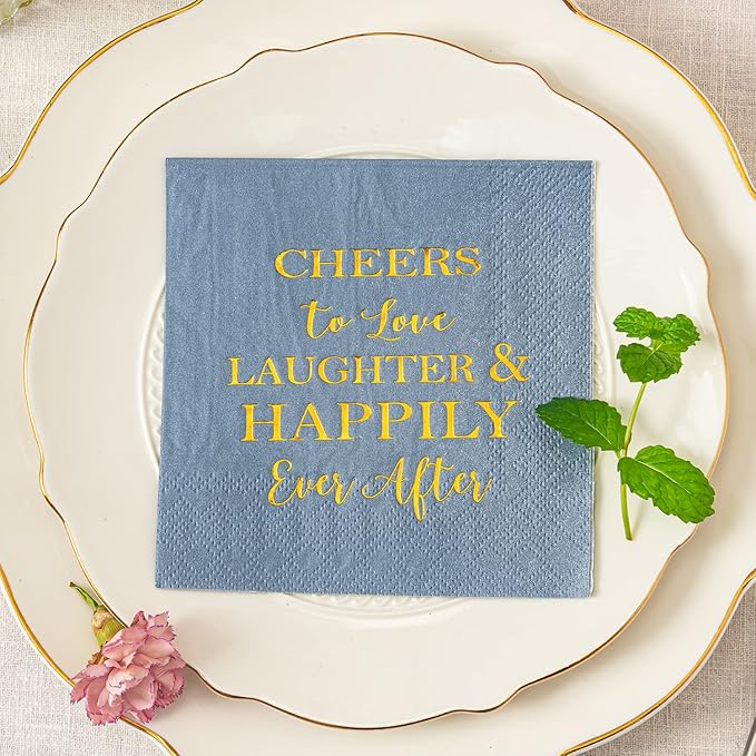 Crisky Dusty Blue Bridal Shower Napkins Disposable Cocktail Napkins Gold Foil Beverage Desert Cake Napkins Engagement Party Decorations & Wedding Shower, Rehearsal Dinners Napkins [50 pcs, 3-ply]