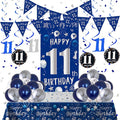 11th Birthday Decorations for Boys Girls, Blue Silver Happy 11th Birthday Decorations Set with 11th Birthday Backdrop Banner Tablecloth Balloons Triangle Flag, 11 Year Old Boy Party Decor Supplies