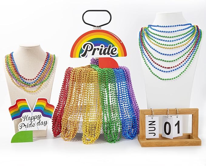 12PCS Pride Accessories, Pride LGBTQ Beads Necklace Stuff, Metallic 6 Kinds of Rainbow Necklace Bulk, Gay Lesbian LGBT Costumes Decorations for Pride Month Parade Throws Party Favors