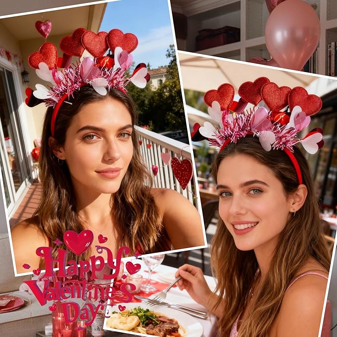 Valentines Headband with Sequin Heart Hair Accessories shiny pink Tassel Head Bopper red heart headbands for Women New Year Party Props Holiday Wedding Birthday Costume Accessory 1pcs