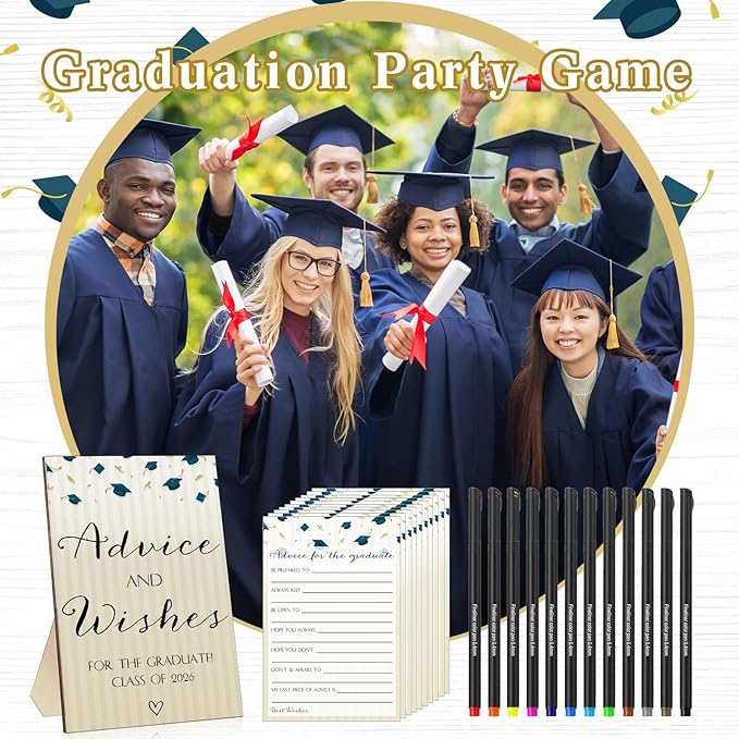 113 Pcs Class of 2026 Graduation Party Favors Include 1 Advice and Wishes Wooden Sign 100 Graduation Advice Cards with 12 Fineliner Ink Pens for The Graduate Class of 2026(Blue)