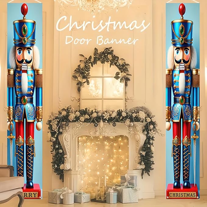 Blue Nutcracker Christmas Porch Banner Set 71"x12" Christmas Door Banner Xmas Nutcracker Soldier Outdoor Doorway Hanging Sign for Front Yard Holiday Kids Party Xmas Decoration