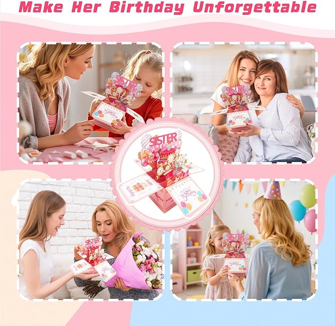 Happy Birthday Sister Card From Sister Brother Pop Up Funny 3D Birthday Gift Card Box Party Decoration Keepsake Foldable Celebration Greeting Cards With Envelope For Girl Women