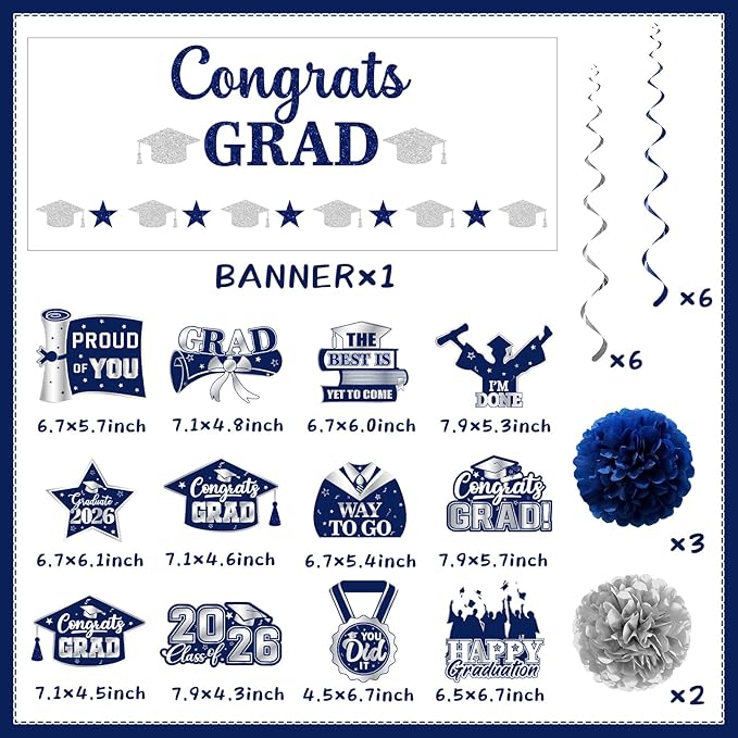Navy Blue Graduation Decorations, Glitter Congrats Grad Banner Hanging Swirls and Tissue Pom Poms, Navy Blue and Silver Graduation Decorations for Class of 2026 College Graduations Party Decorations