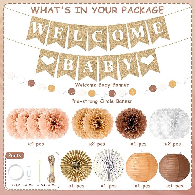 Kriyokiaa Boho Baby Shower Decorations 15 Pcs Gender Neutral Baby Shower Decorations Elegant Earth Tones Paper Pompoms and Lanterns with Welcome Baby Banner for Boy Girl