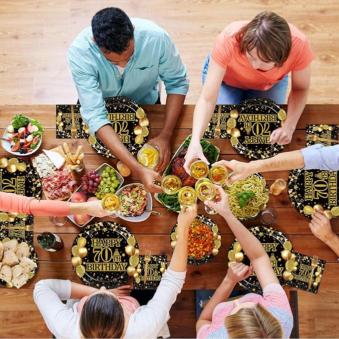 96Pcs 70th Birthday Party Tableware Set, Back in 1956 Birthday Party Decorations Supplies for Men Women Cheers to 70 Years Disposable Paper Plates Napkins Forks Favors, Serve 24