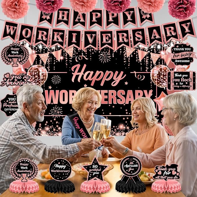 Happy Work Anniversary Decorations Rose Gold Happy Workiversary Banner Honeycomb Centerpieces Hanging Swirls Tissue Paper Pompoms Sash Set for Women Office Employee Worker Appreciation Party Supplies