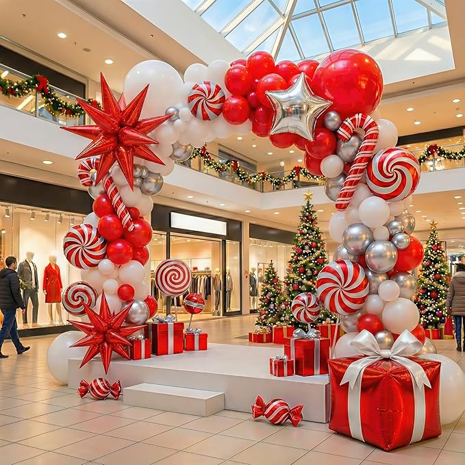 Christmas Party Decorations with Red White Silver Balloon Garland Arch Kit & small Star Candy Cane foil Balloons for 2026 Winter wonderland baby shower Xmas friendsmas new years eve Party Decorations