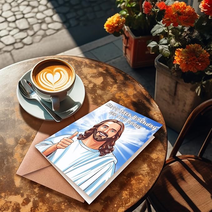 Happy 75th Birthday Funny Jesus Card – Hilarious Dark Humor Greeting for Elderly Men or Women, Funny 75th Birthday Cards for Women or Men
