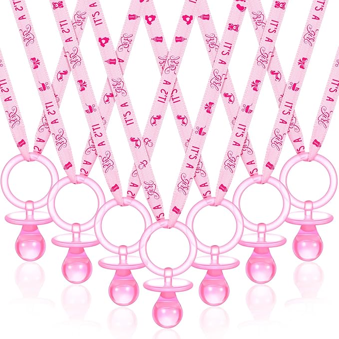 Coume 36 Pcs Shower Party Pacifiers Necklace Acrylic Pacifiers Charm Necklace for Shower Party Decorations Gender Reveal Table Scatter(Pink)