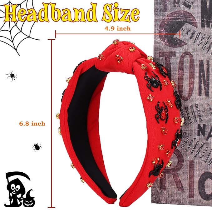 Halloween Headbands for Women, Red Spider Rhinestone Wide Jeweled Knotted Headband, Crystal Beaded Jeweled Top Knot Embellished Headband Hair Accessories Halloween Birthday Gift