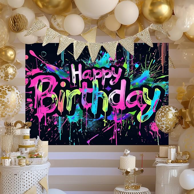 Neon Happy Birthday Banner 96x72 Inch Photography Backdrops Party Background Decorations Colorful Graffiti Splash Paint Kids Birthday Supplies Glow in The Dark