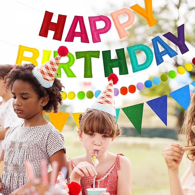 CANREVEL Pre-Strung 3D Rainbow Happy Birthday Banner, 3 PCS Happy Birthday Felt Sign, Pom Pom Garland, Triangle Fabric Bunting, Colorful Reusable Birthday Decorations for Women Men Girls Boys, Multi